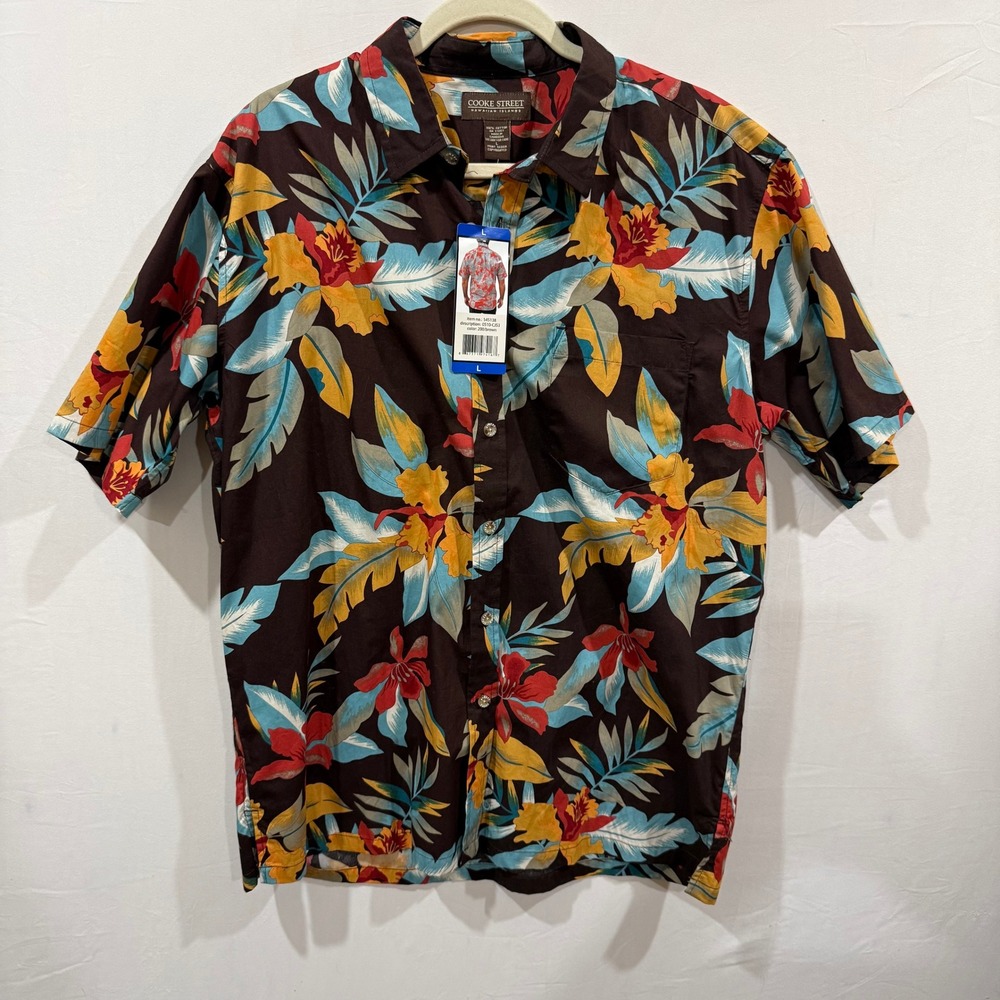 Cooke Street Mens Hawaiian Shirt Brown Tropical Floral Cotton Aloha L 545138